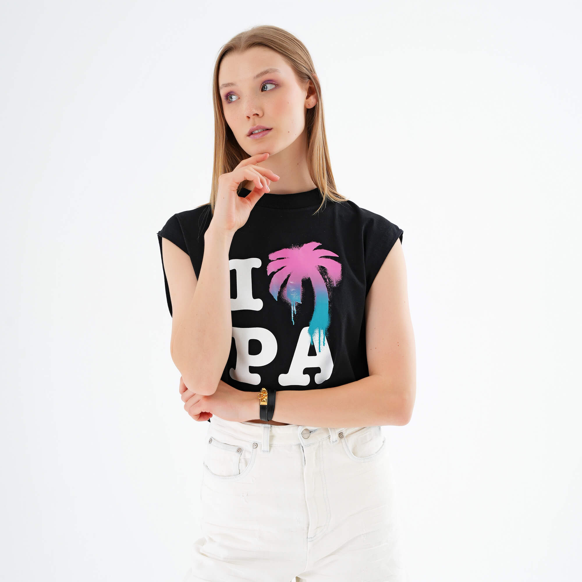 Palm Angels - Black Cropped Printed I Love PA Mescle Tee S